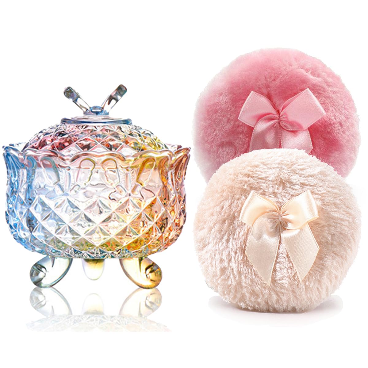 Luxury 4 Inch Glass Loose Powder Container with 2 Soft 3.5" Puffs｜Non-Sealed Refillable Organizer Storage for Body Powder Makeup & Jewelry & Setting Applicator(Butterfly-Colorful)