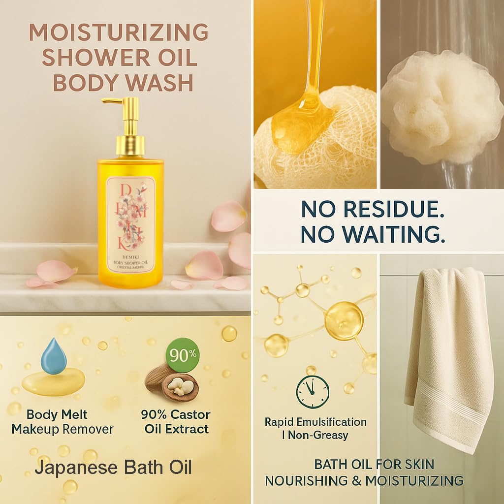 Moisturizing Bath Oil for Dry & Sensitive Skin. Nourishing & Hydrating Winter Care Shower Oil, Soothes & Softens, Locks in Moisture,Sakura Scent, 10 Fl.oz (300ml)