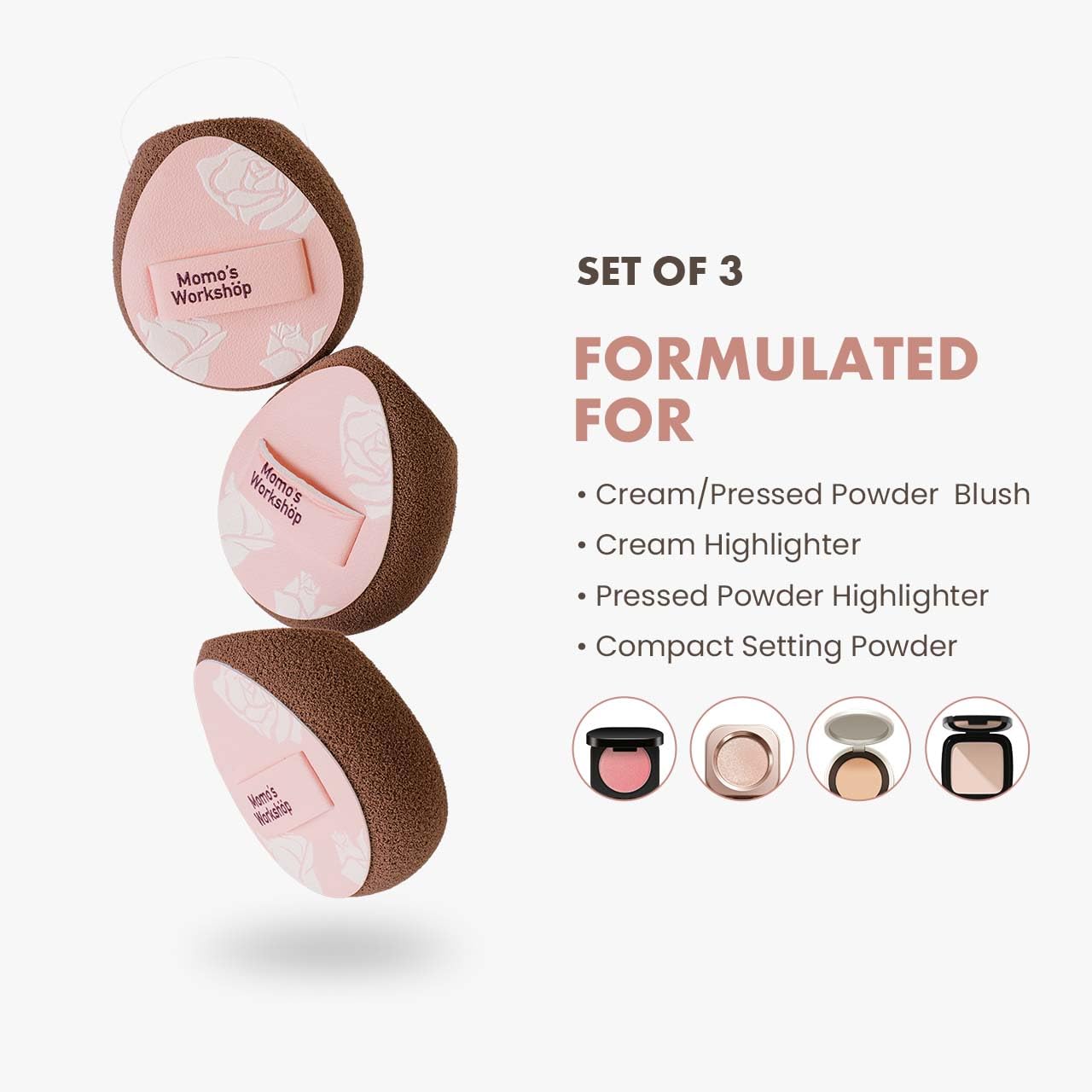 Multi-Use Mini Makeup Sponge Set,Oil-Control & Makeup Setting, Cut-Edge Design for Cream & Powder Products, for Oily Skin,Pink-Brown, 3PCS Mini Beauty Concealer Sponges & Storage Case