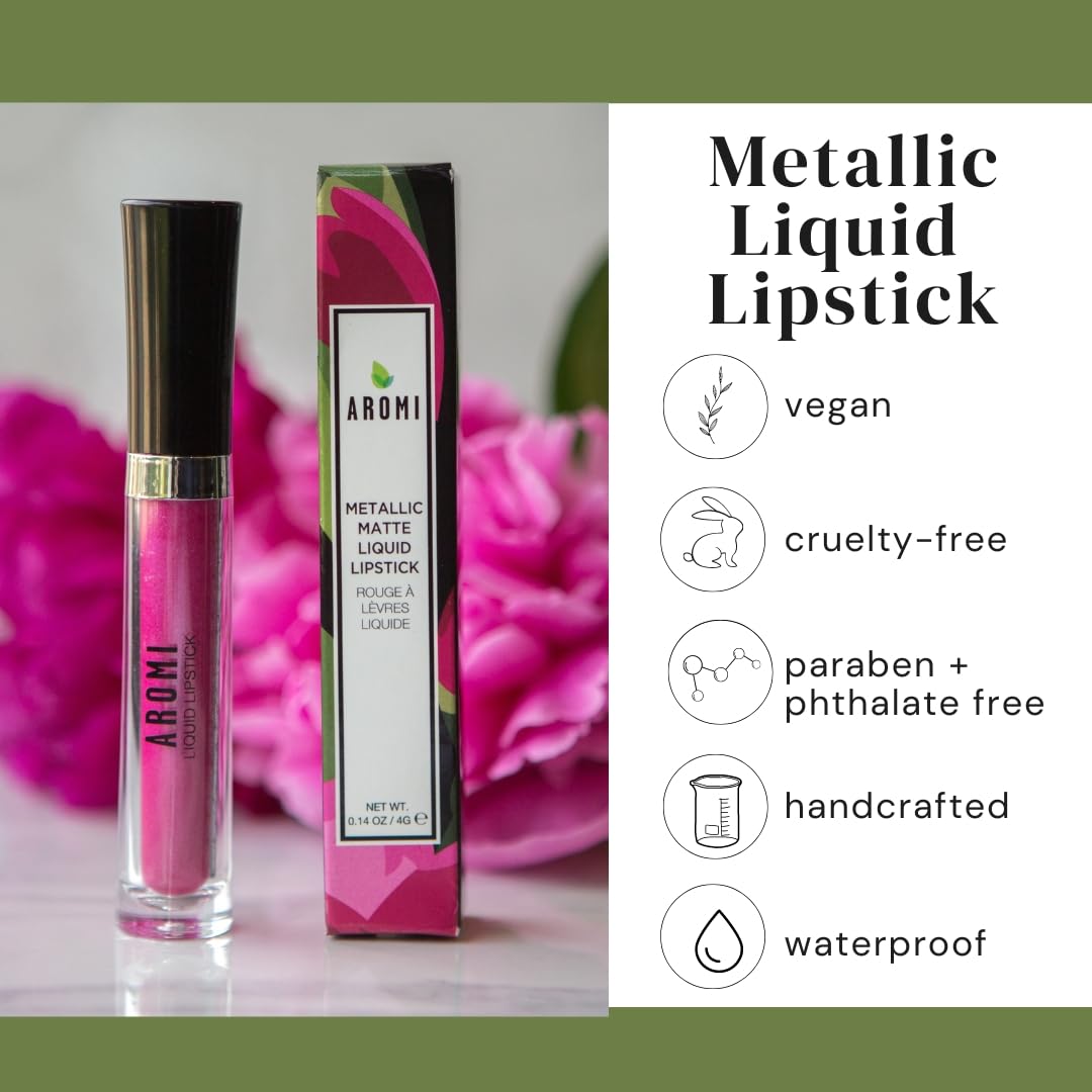 Aromi Hot Pink Metallic Liquid Lipstick | Magenta Lip Color with Shimmery Finish, Vegan, Cruelty-free, Long-Lasting and Smudge Proof (Fab Flamingo)