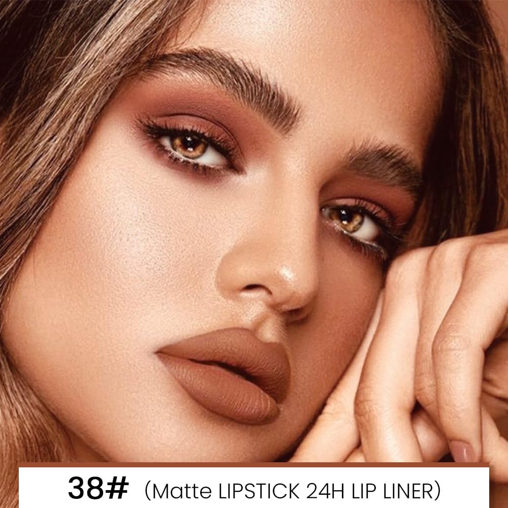 evpct 1Pcs Brown Matte Lip Liner and Lipstick Combo Set Kit for Women, Magic Neutral Lipsticks 24 Hours Original Lipstick and Lips Liner Pencil Stain Gloss Plumper Makeup Long Lasting Waterproof 38