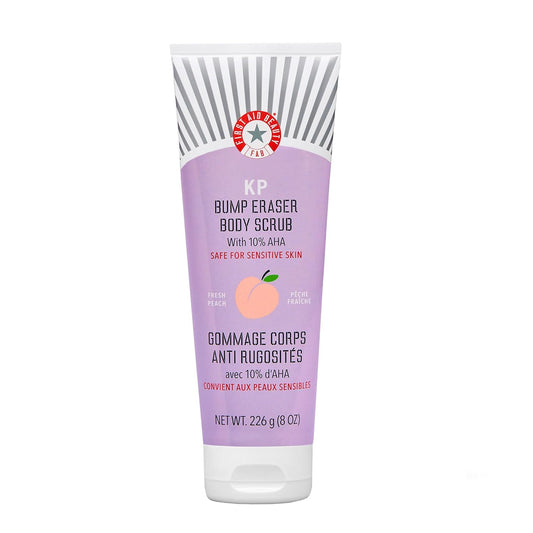 First Aid Beauty - KP Bump Eraser Body Scrub with 10% AHA, Keratosis Pilaris Exfoliator with Glycolic and Lactic acids, Helps Reduce Chicken Skin Bumps, Safe for Sensitive Skin, Peach Scent (8 oz)