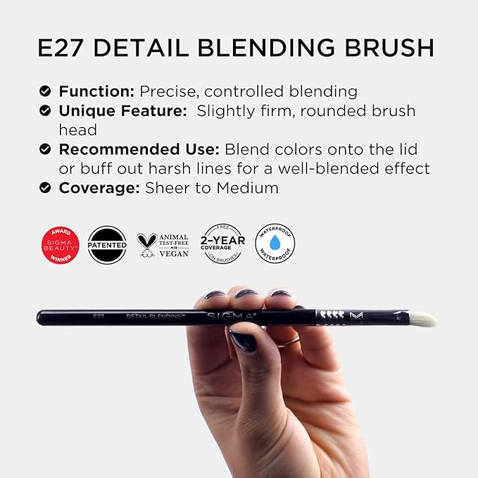 Sigma Beauty Professional E27 Detail Eyeshadow Blending Brush – Eyeshadow Application and Blending Brush - Apply Pigment and Blend Harsh Lines for a Well Blended Effect (1 Brush)