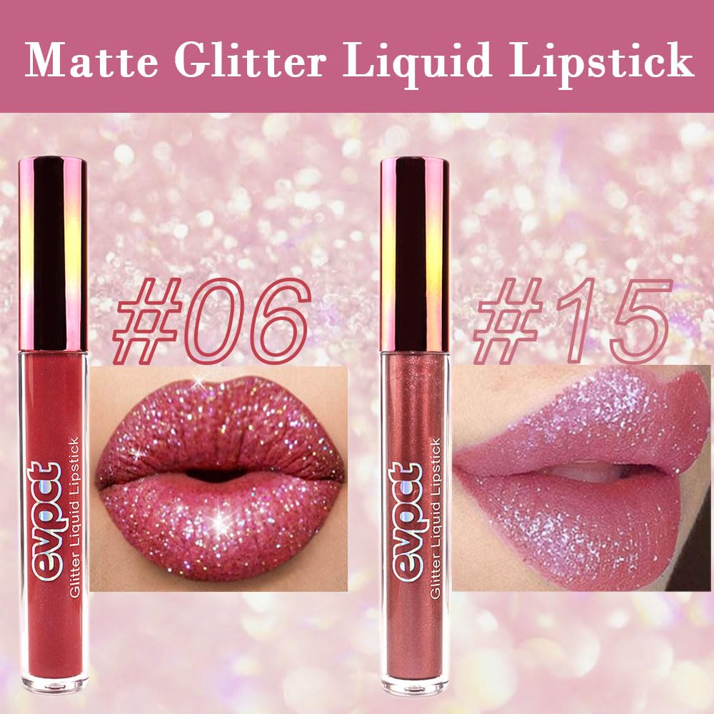 evpct 2Pcs Wine Red Plum Red Matte to Glitter Liquid Lipstick Set Kit for Women Long Lasting Glossy Metallic Shimmer Sparkle Lipstick Lip Gloss 6+15
