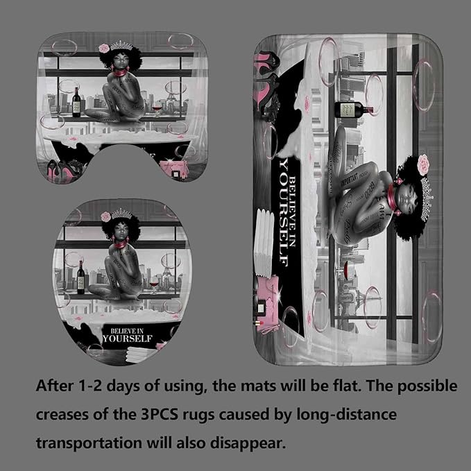4PCS Sexy Black Girl Shower Curtain Set, Romantic Pink Floral High Heels Bubble Red Wine Afro Lady African American Woman Inspirational Quotes Bathroom Decor, Non-Slip Bath Rugs, Get Naked