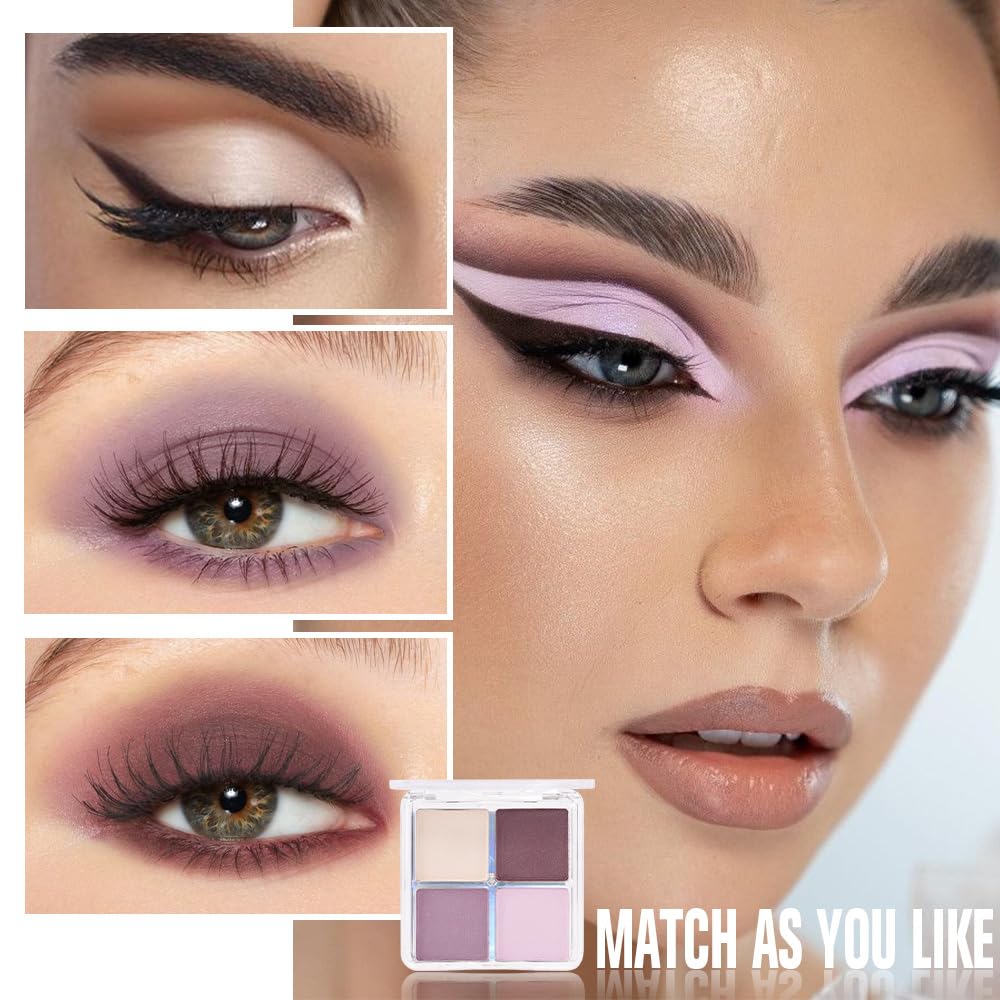 evpct Eyeshadow Quad Palette, Nude Pink Dark Mauve Plum Voilet Lavender Purple Glitter Shimmer Metallic Matte High Pigment Mini Eye shadow Palette Makeup for older Women, Vegan Cruelty-free, Romance