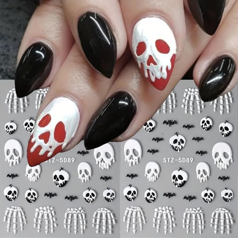 2 Pcs Halloween Nail Art Stickers 5D Embossed Scary Skull Self-Adhesive Nail Decals Halloween Stickers Bat Bones of The Dead Designs Nail Decorations Holiday DIY Acrylic Nail Accessories for Women