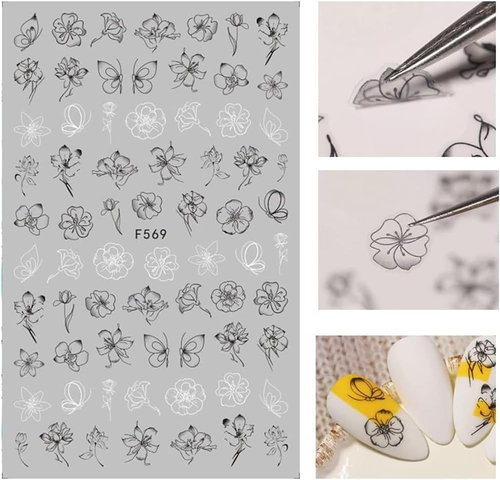 10 Sheets Black White Leaves Flower Nail Art Stickers 3D Self-Adhesive Retro Floral Vine Pattern Nail Decals Tropical Plants Mandala Leaf Geometry Transfer Decals Nail Art Decorations for Women Girls