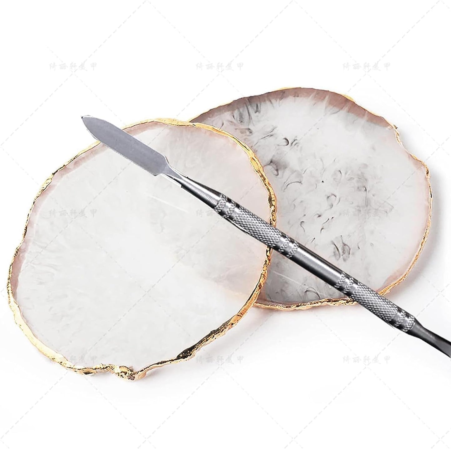 2 Pcs Resin Nail Palette Nail Polish Palette Nail Art Palette with Stainless Stirring Rod (Gray and White)