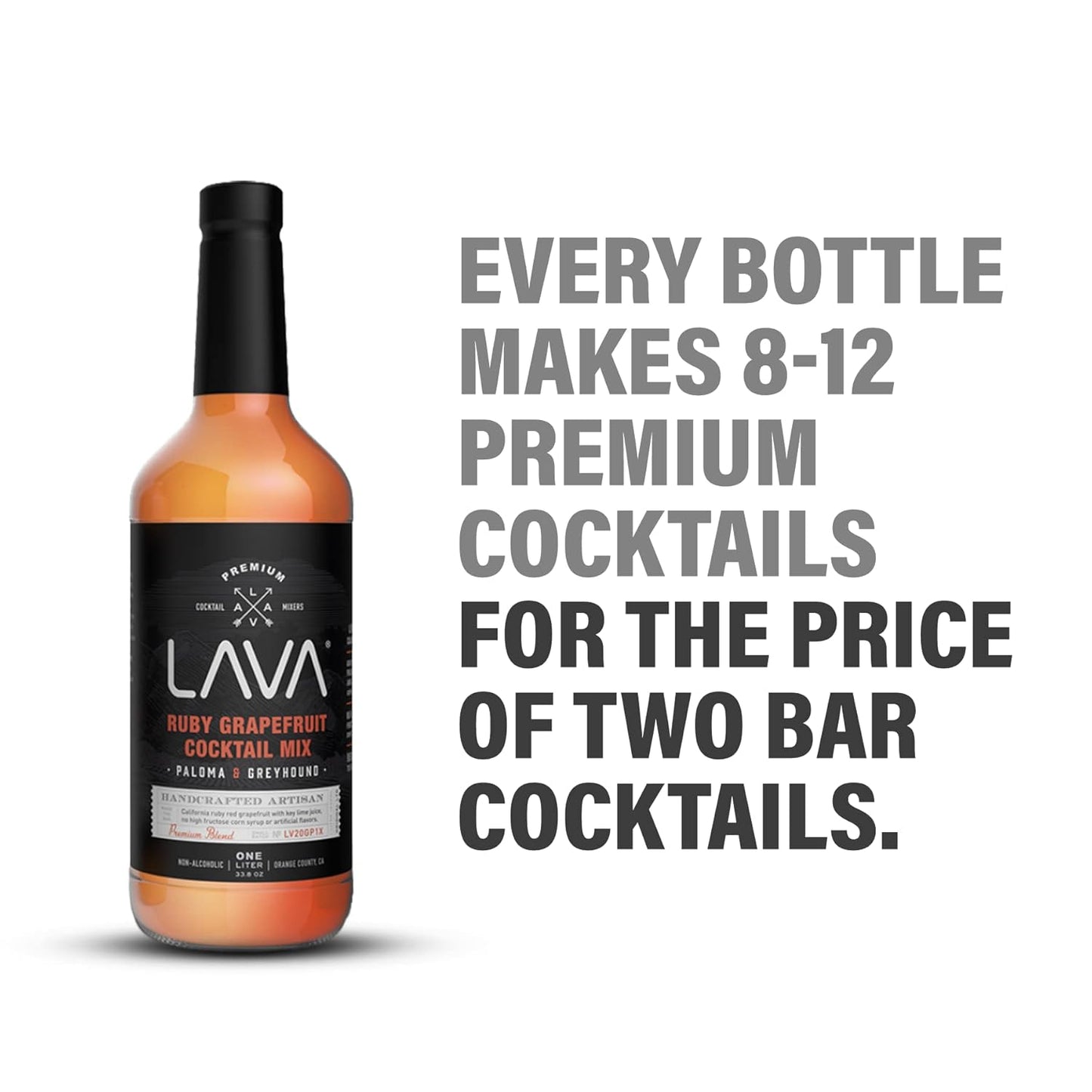 LAVA Premium Skinny Paloma Mix Craft Cocktail Mixer, Ruby Red Grapefruit Juice, Key Lime Juice, Low Calorie, Ready to Use, No Artificial Sweeteners, Greyhound, Margarita 1-Liter (33.8oz) Glass Bottle