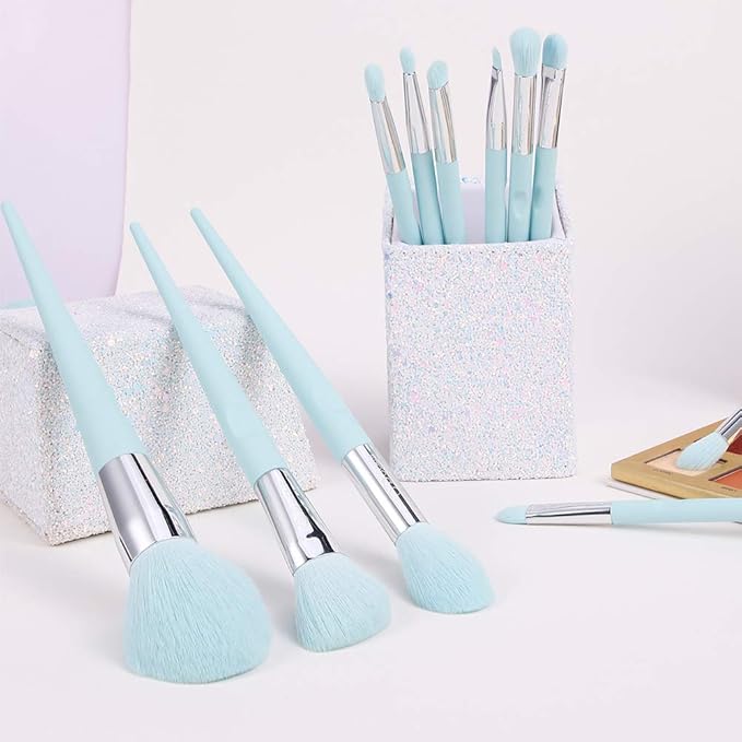 DUcare Makeup Brushes with Holder - 10Pcs Professional Synthetic Make Up Brushes Set for Blush Concealer Foundation Bronzer Powder Eyebrow Contour Eyeshadow Blending Makeup Brush Set, Ice Lake Blue