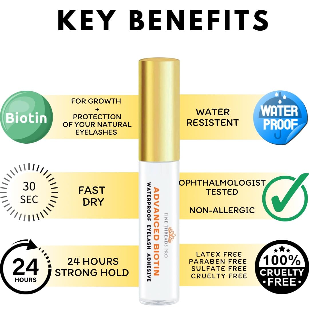 2 in 1 Clear Lash Glue with Lash Growth BIOTIN; Sensitive Eyes; Strong Hold Easy Brush On for False Eyelash Extensions, Strip Lashes, Mink, Wispy, Latex Free, No Parabens; Waterproof