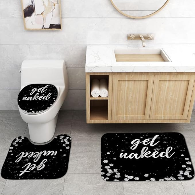 4PCS Luxury Diamond Shower Curtain Set, Bling Rhinestone Gem Crystal Jewelry Shining Starry Sky Galaxy Bathroom Decor, Waterproof Fabric Black Shower Curtain, Get Naked Bath Mat Toilet Rug