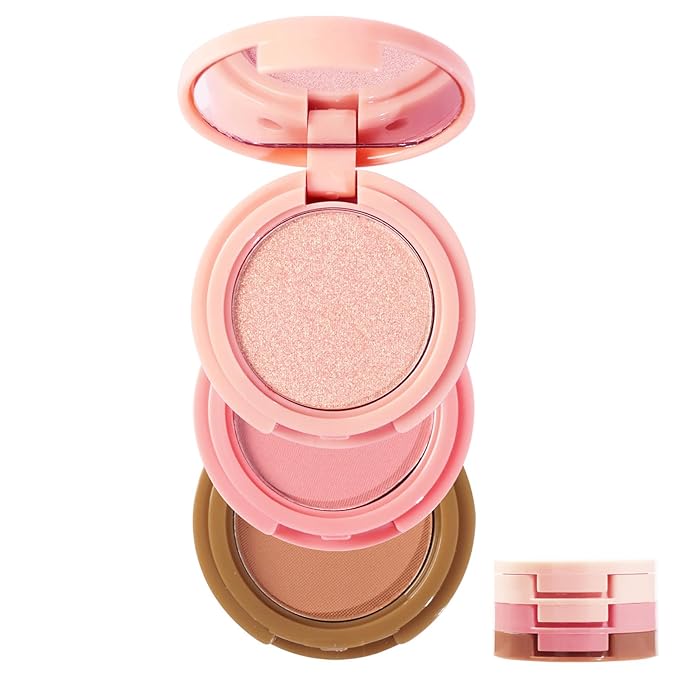 3-in-1 Blendable Trio, Contour and Highlight Blush Makeup Palette, Cream Bronzer, Silky Smooth Powder Blush, Shimmer Highlighter Makeup Powder, Pink Brown Eyeshadow Palette with Mirror(02)