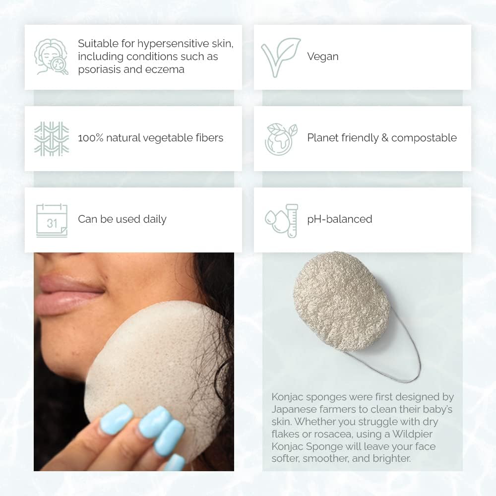 Wildpier Beauty Konjac Sponge, Natural Luxury Facial Exfoliator, Face Scrubber, Makeup Remover, Plant Based Gentle Cleansing for Sensitive Skin, Removes Dead Skin Cells, White