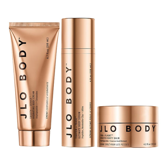 JLO BEAUTY The Ultimate Body Trio | Includes 4.2 fl oz Booty Balm, 4 fl oz Body Serum & 6.7 fl oz Body Cream | Brightens, & Firms for Smooth Skin