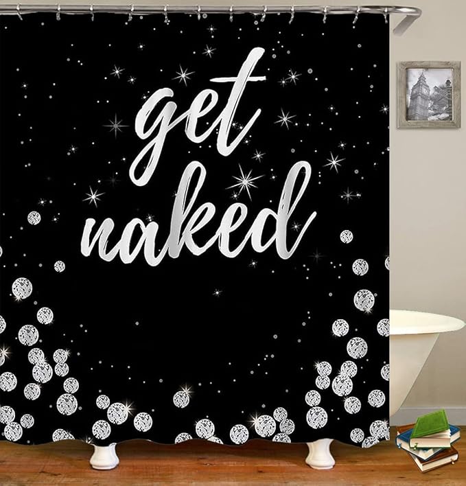 4PCS Luxury Diamond Shower Curtain Set, Bling Rhinestone Gem Crystal Jewelry Shining Starry Sky Galaxy Bathroom Decor, Waterproof Fabric Black Shower Curtain, Get Naked Bath Mat Toilet Rug