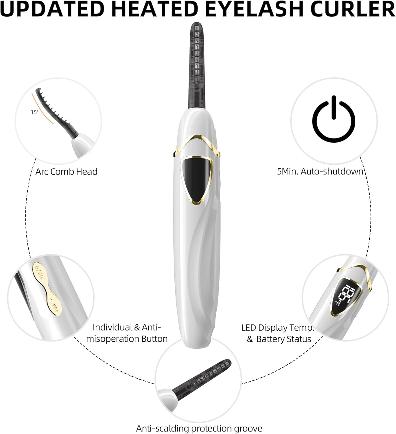 Heated Eyelash Curler, Heated Lash Curler, Accurate Temperature Control Electric Eyelash Curler Heated - Intelligent Power Off, Natural Makeup (Whisper White/Gold, S600-148MM)