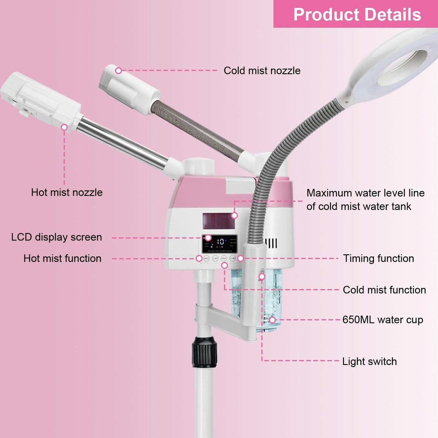 Professional Facial Steamer, 3 in 1 Facial Steamer with 5X Magnifying Lamp Hot&Cool Mist, Esthetician Steamer on Wheels, Stand Face Steamer with Time Setting for Home Salon Spa