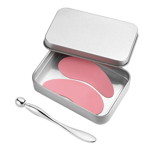 1 Pair Reusable Eye Patch, Silicone Reusable Eye Gel Pads Eye Wrinkle Patches Under Eye Mask, Plump Fine Lines & Wrinkles with Metal Eye Cream Applicator & Tin Case (Pink)