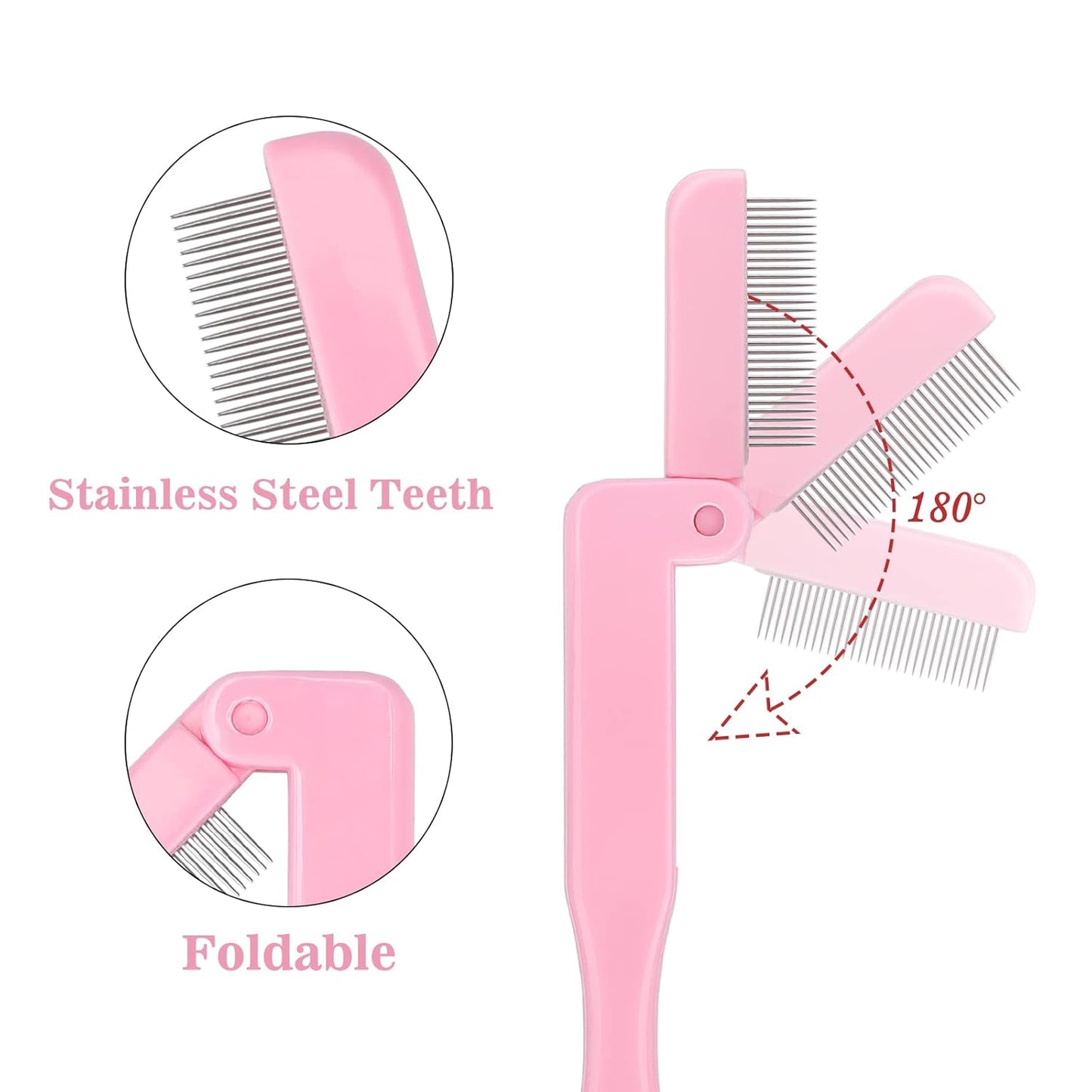 G2PLUS 2PCS Folding Eyelash Comb, Eyelash Separator Tool, Pink Eyebrow Comb Metal Teeth, Eyelash Brush Tool for Lash & Brow