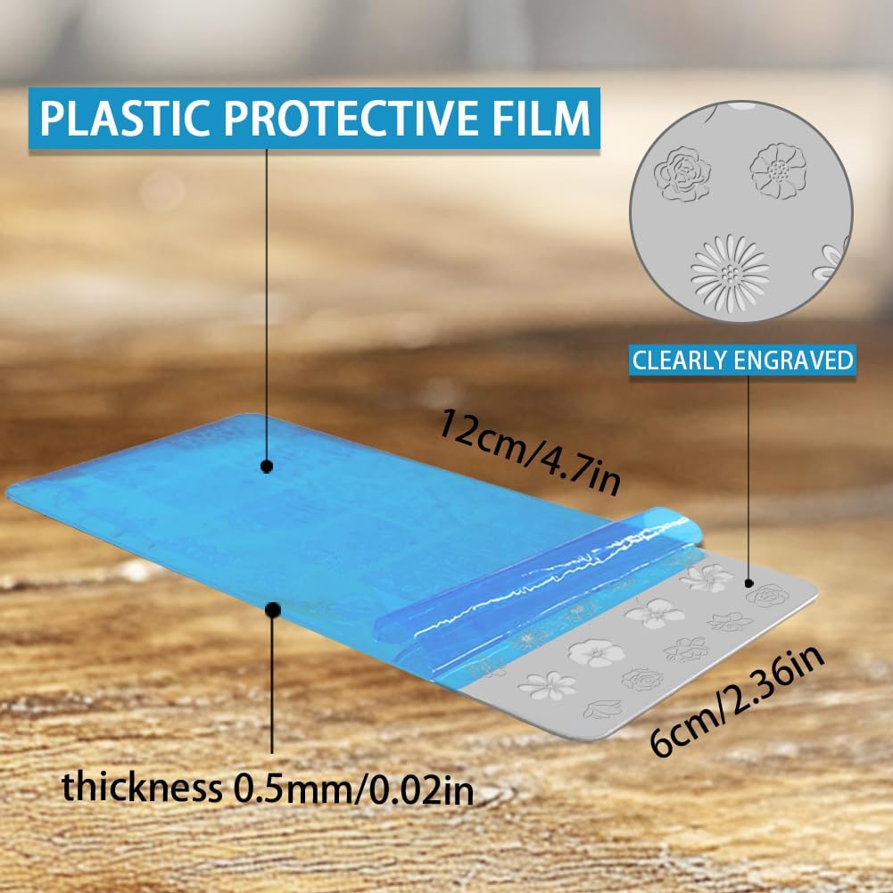 3Pcs Flower Nail Stamping Plate Set Tulips Roses Stainless Floral Steel Nail Stamp Templates Clear Silicone Nails Stamping with Stamper Scraper for Manicure Printing