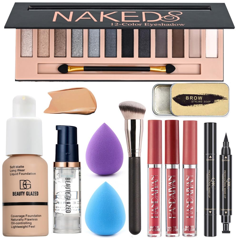 All in One Makeup Kit For Girls 12 Colors Naked Matte Eyeshadow Palette, Foundation Face Primer, Makeup Brush, Makeup Sponge, Eyebrow Soap Kit, Lipstick Set, Winged Eyeliner Stamp Makeup Set (SetE)