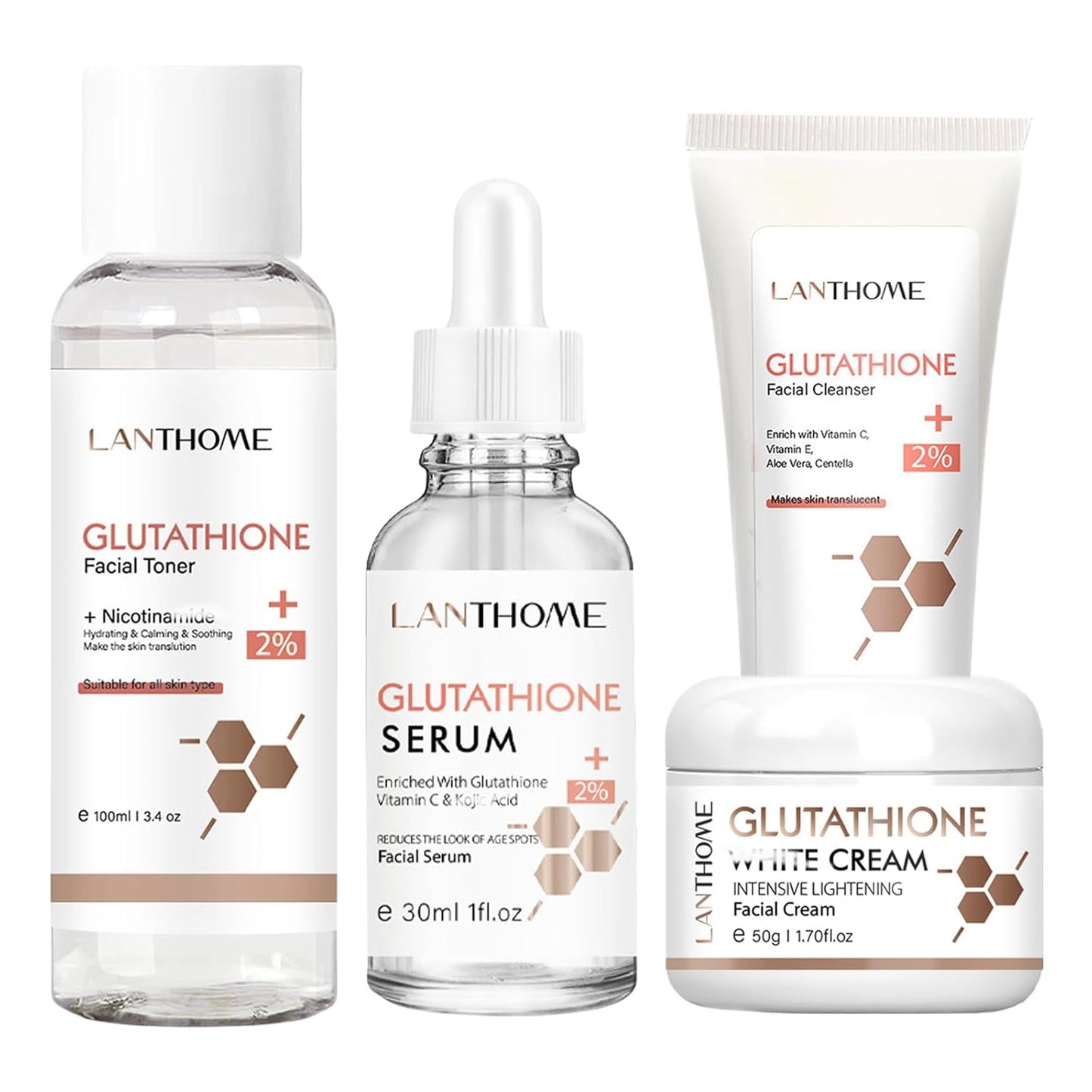 Glutathione Skincare Set, Complete Skin Care Routine Includes Glutathione Cream, Toner, Face Wash & Glutathione Face Serum, Anti-Aging Skincare Set For Women, Tight, Anti-Aging, Radiant
