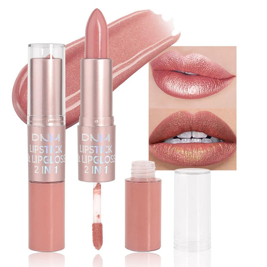 evpct 2 in 1 Rose Nude Glitter Metallic Shimmer Diamond Lipstick and Lip Gloss Set for Women Long Lasting Waterproof, Bright Rose Pink Sparkle Glitter Shiny Lipstick and Lip Liner Makeup Set, 02#