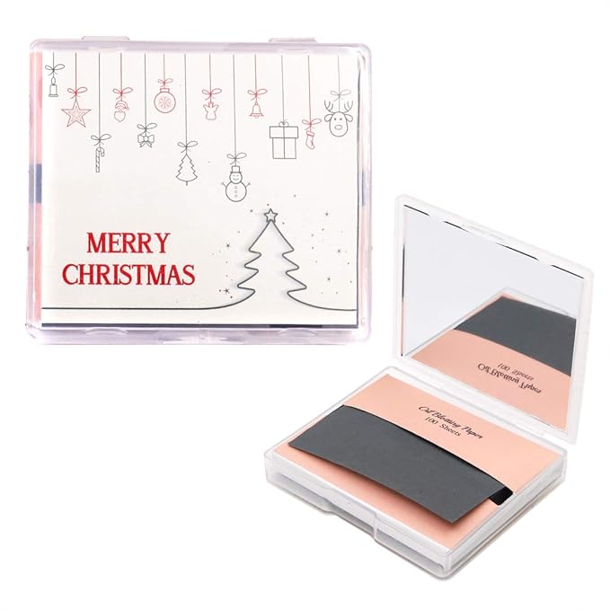 [200 Counts + Mirror Case] Christmas Edition Natural Bamboo Charcoal Oil Blotting Sheets for Face with Mirror Case