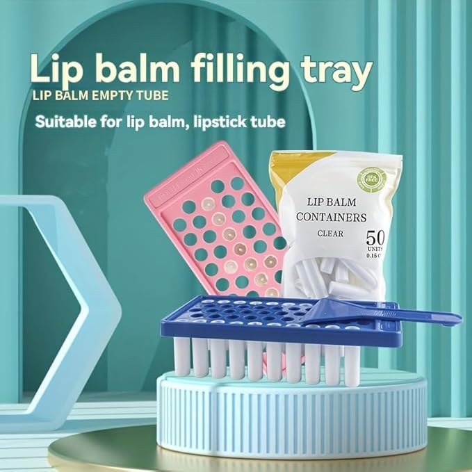 50 Lip Balm Container Kit with Filling Tray and Spatula, Round Tube Refillable Empty Tube 3 Colors, 0.15 oz, BPA Free, for DIY Homemade Lipstick Lipstick (50 white kits,)