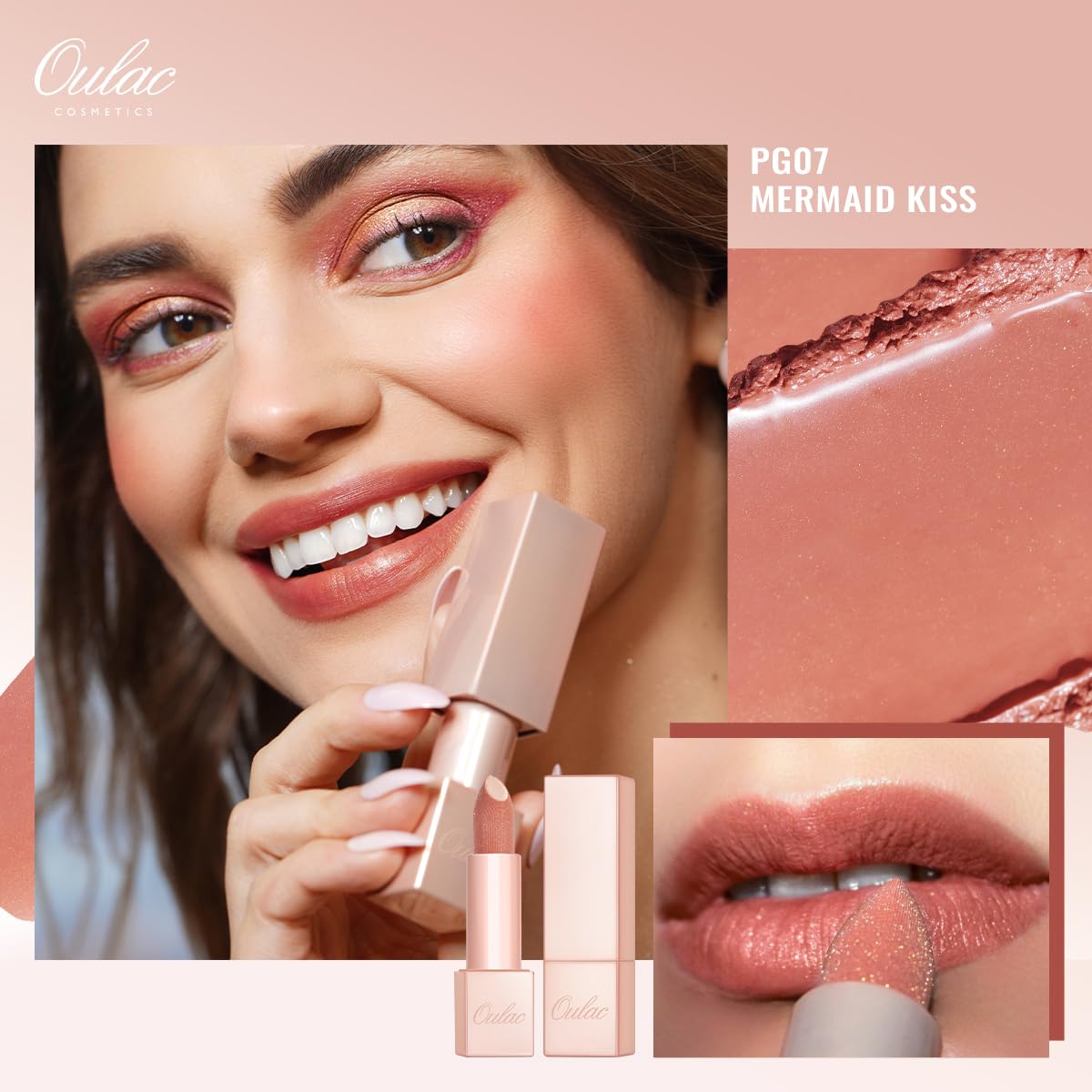 Oulac Moisturizing Peach Lipstick for Girls Moisture-Rich Tinted Lip Balm with Sparkle, Lightweight Lip Makeup, Shea Butter Formula, Vegan & Gluten Free, PG07 Mermaid Kiss