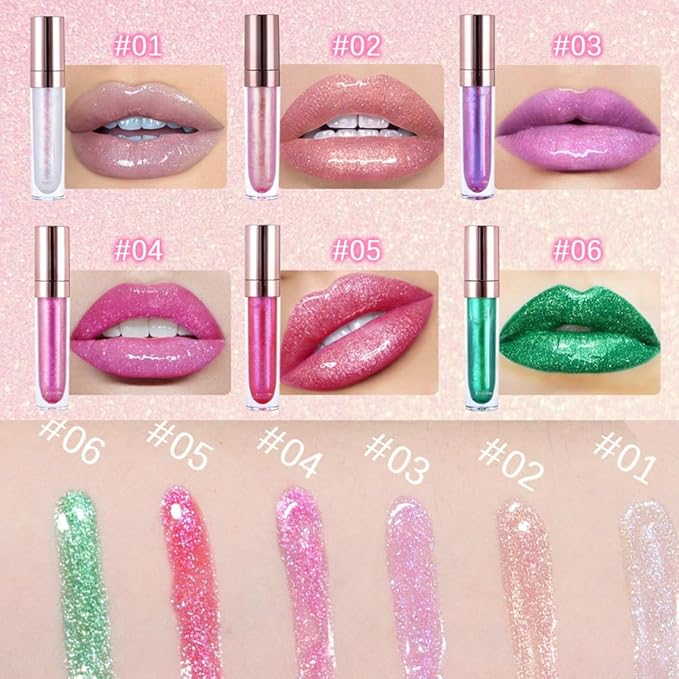 GECOMO Colorful Explosive Pearlescent Lip Gloss 3D Multifunctional Fine Glitter Chameleon Lip Gloss Polarized Diamond Makeup,Magic Big Brush Color Changing Lip Oil(106# COLORFUL GREEN FLASH)