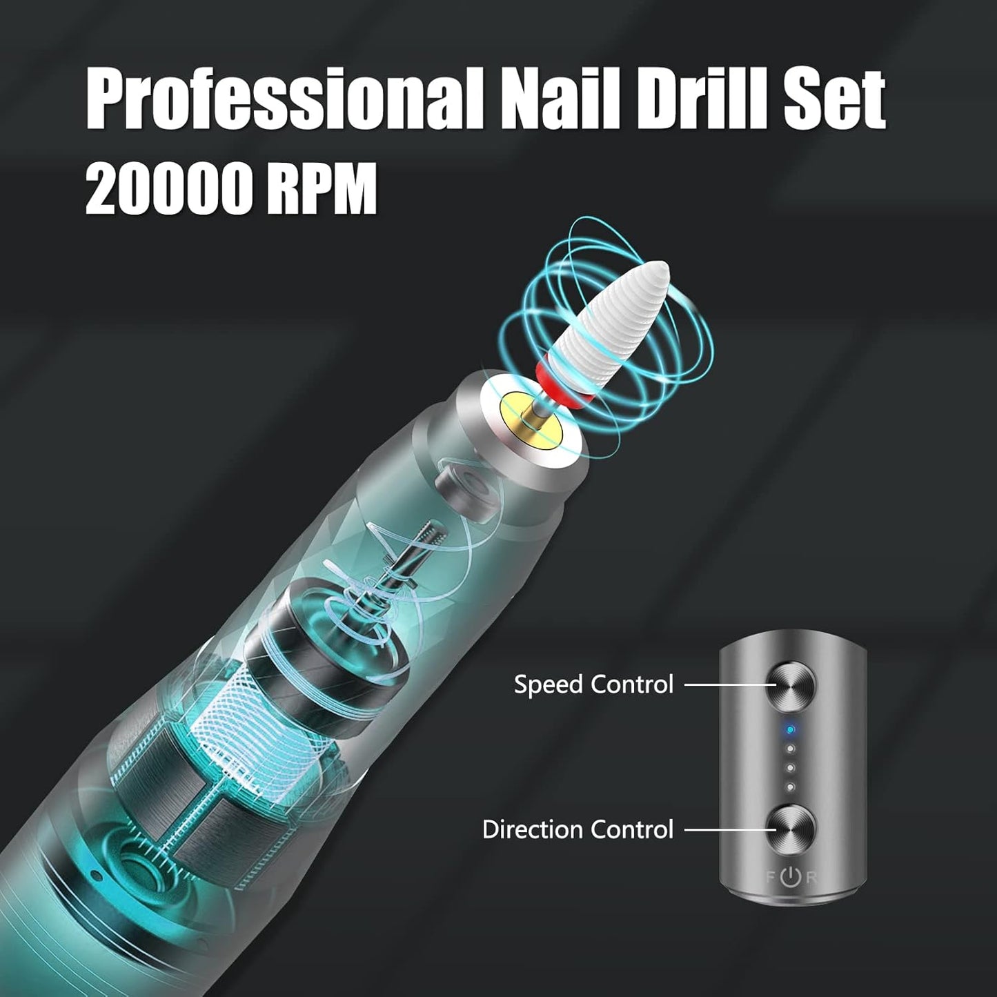 Electric Nail Drill Machine Professional, Rechargeable Cordless Nail File with Bits Kit for Acrylic Gel Dip Nails, Efile Manicure and Pedicure Kit for Home Salon Grinding Polishing Removing, Gray