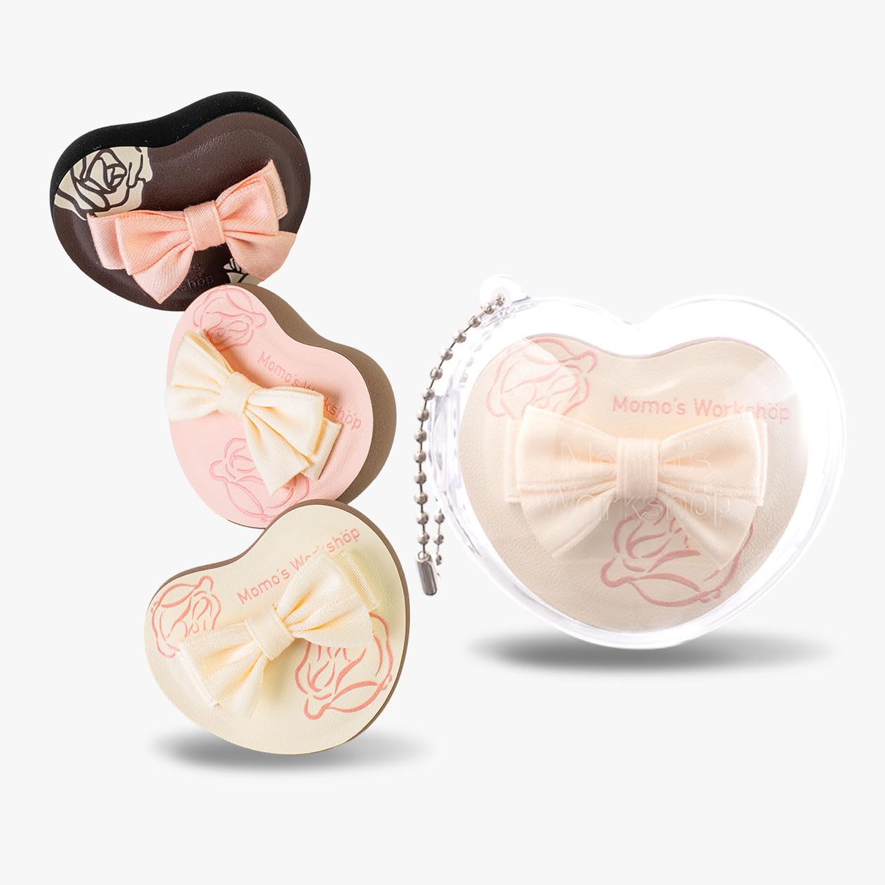 Heart-Shaped Makeup Sponge,Firm Bounce Rubycell, Foundation Sponge with Bow Tie Strap, for Precision Blending of Concealer/Cream Products, 3-Colors,Travel Friendly & Reusable & Storage Case