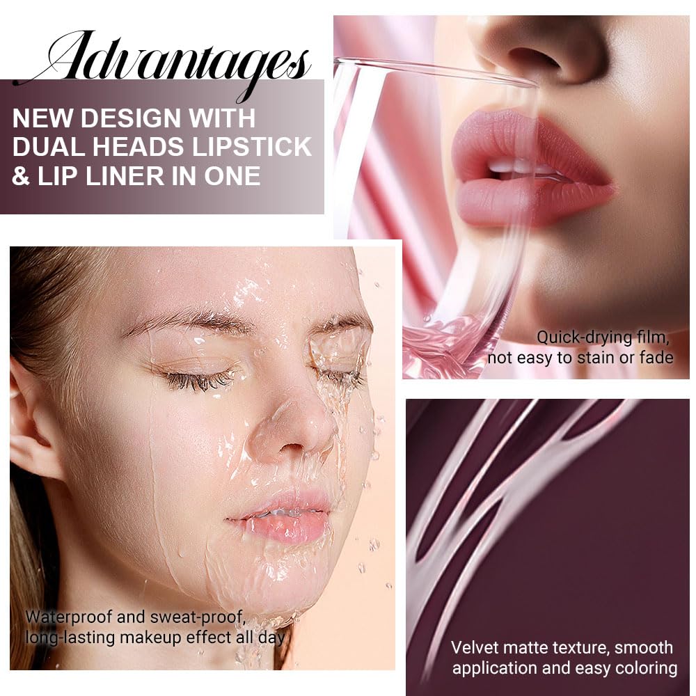 Kaely 2-in-1 Matte Lipstick and Lip Liner, Liquid Lip Stain Makeup for women Long Lasting Waterproof Smudge Proof, labiales matte mate larga duracion listip 24 hours originales, 17 Deep Red
