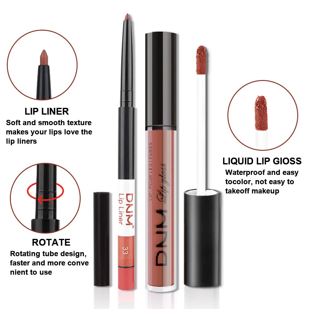 evpct 2Pcs Reddish Brown Neutral Color Lip Liner and Matte Lipstick Makeup Sets Vegan Lipstick Lip Liner and Gloss Set Lip Stain Long Lasting Waterproof 24 33#