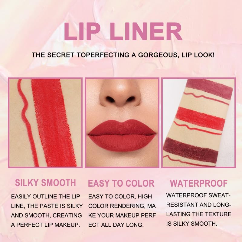 evpct 3Pcs Dark Deep Ruby Mauve Red Lip Liner and Lipstick Set Kit for Women Matte Matt 24 Hours Lipstick Pen and with Lip Liner Pencil Set Long Lasting 24 labial labiales mate 24 horas originales