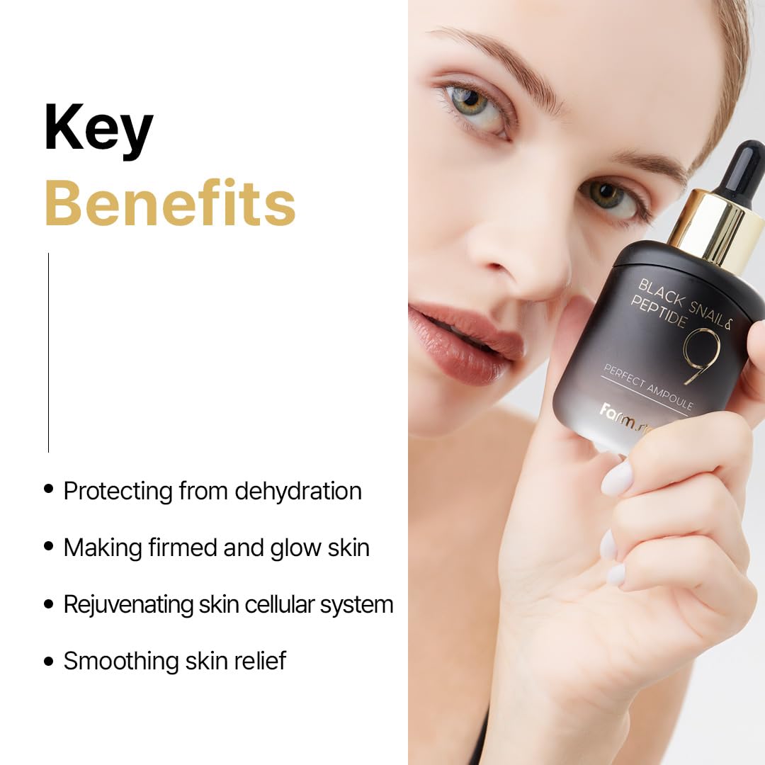 Farmstay Black Snail & Peptide9 Perfect Ampoule, Korean Snail Mucin Serum for Elastic & Glow Skin, Boosting Radiance & Repairing Skin Barrier Serum, for Women & Men, Korean Skin Care, 1.18 Fl. Oz.