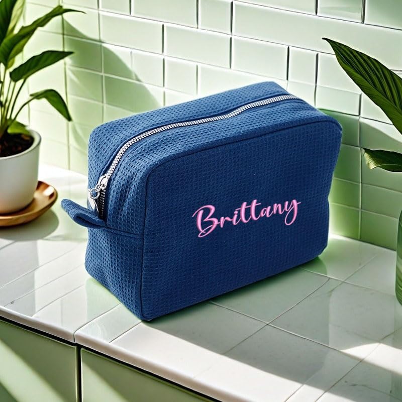 GOPHIE Personalized Embroidered Makeup Bag,Custom Waffle Fabric Cosmetic Pouch for Women, Travel Makeup Pouch (3, Navy Blue)