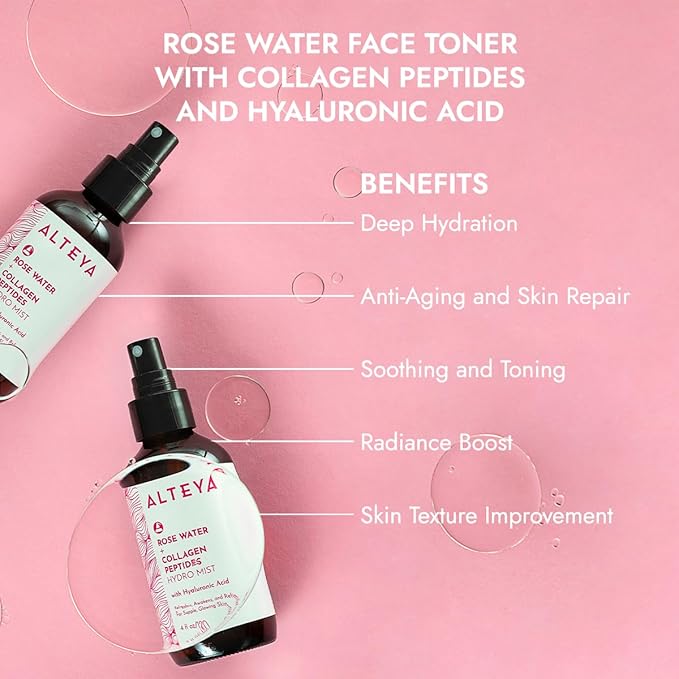 Alteya Organics Rose Water Face Toner – With Collagen Peptides & Hyaluronic Acid – Hydrating Facial Mist for Anti-Aging, Firming & Radiant Skin – 4 Fl Oz / 120mL