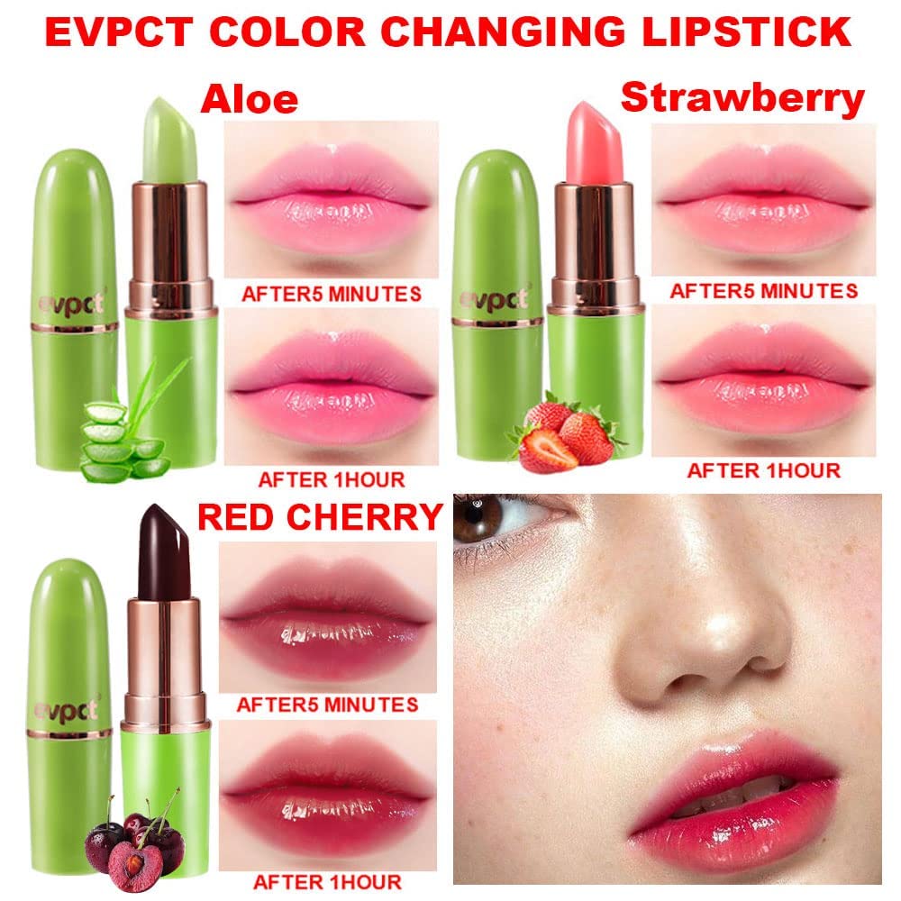 evpct 3Pcs Magic Color Changing Lipstick 24 Hours Original for Women Lasting Waterproof, Aloe Vera Strawberry Black Red Cherry PH Mood Permanent Hardpointing color changing Lipstick Tinted Lip balms