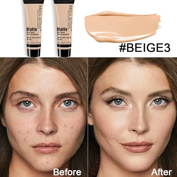 2 Pack Liquid Foundation Cream for Face Makeup,Durable Full Coverage Matte Concealer Make Up,Oil Control & Waterproof Base Primer -1+1 Fl.Oz (BEIGE 3#)