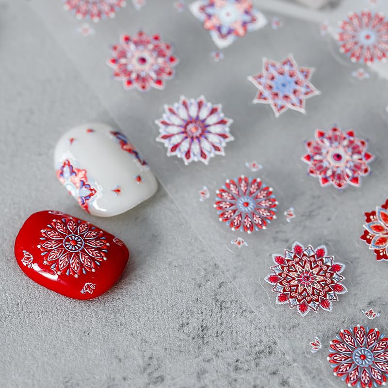 5D Embossed Nail Stickers Boho Nail Art Stickers for Nail Designs Red Bohemia Self-Adhesive Nail Art Decals for Women Girls Nail Art Decoration 1 Sheets (1, Red Bohemia)