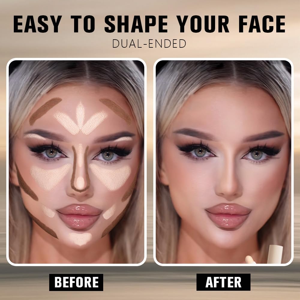 Dual-Ended 2-in-1 Cream Contour & Highlighter Stick – Waterproof, Long-Lasting for Face & Body Makeup, Suitable for All Skin Tones, 01#Nuetral Nude + Beige