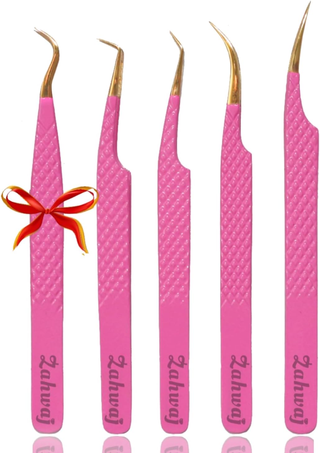 Lash Tweezers - Set of 5 Diamond Grip Eyelash Tweezers - Stainless Steel Professional Fiber Tip Lash Tweezer for Eyelash Extensions (Pink)