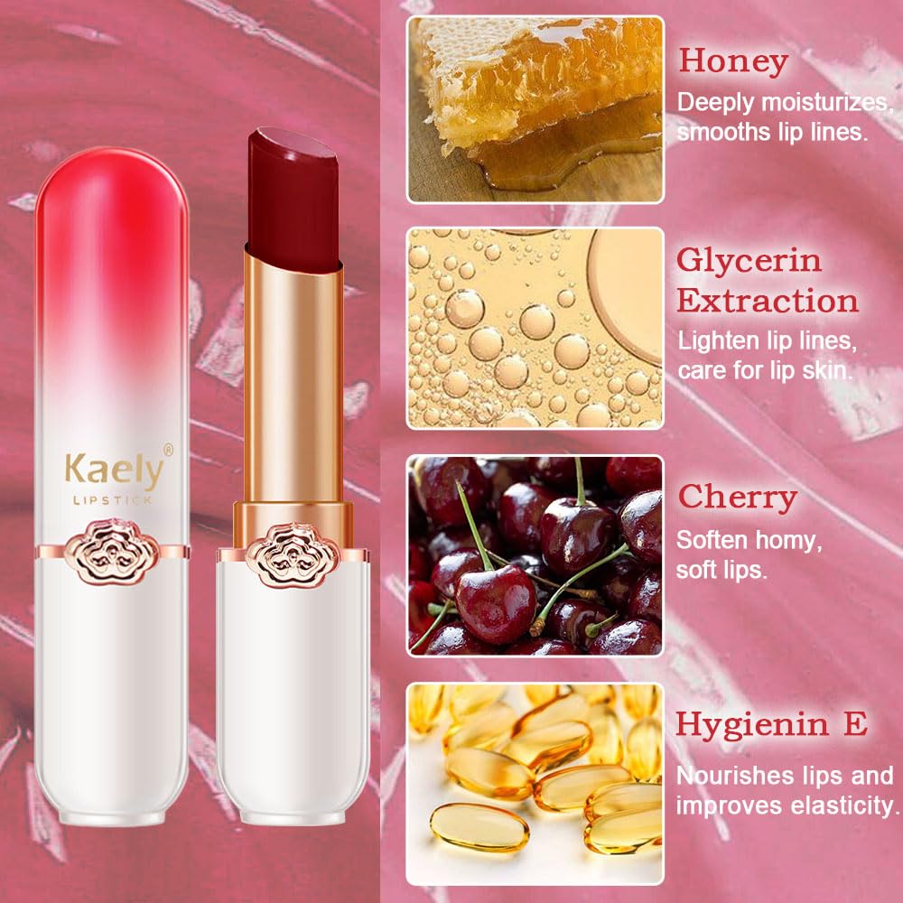Kaely 3Pcs Peach Strawberry Red Cherry Hydrating Lipstick Tinted Lip Balm, Color Changing PH Lipstick Makeup, Korean Magic Lip Stain Long Lasting Waterproof, labiales magicos 24 horas originales