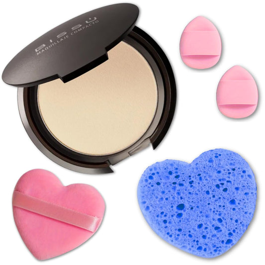 Beetbul Makeup & Exfoliation Kit - Bissú Compact Powder + 1 Medium Velvet Puff + 2 Finger Puffs + 1 Facial Exfoliating Sponge (01 Translucid, One Size)