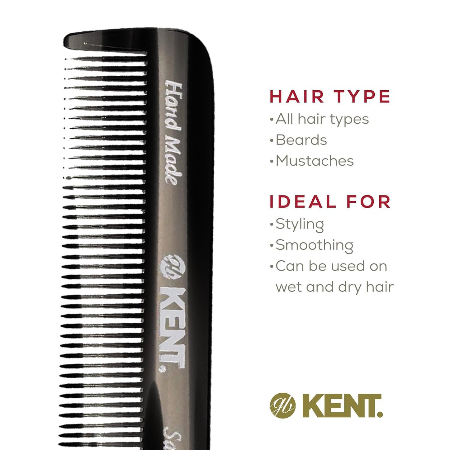 Kent FOT Black Graphite Fine Tooth Comb for Men - Handmade Pocket Comb for Travel, Styling, Fine or Thinning Hair, Mustache and Beard Care Handpolished Saw-Cut Made in England