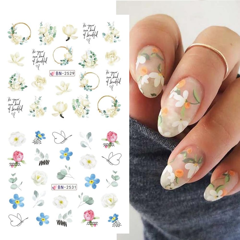 12 Sheets Flower Water Transfer Nail Stickers Purple Fresh Flower Nail Art Decals with Assorted Pattern Blossom Floral Butterfly Dragonfly DIY Nail Art supplies for Women Nail Decorations Manicure Tip